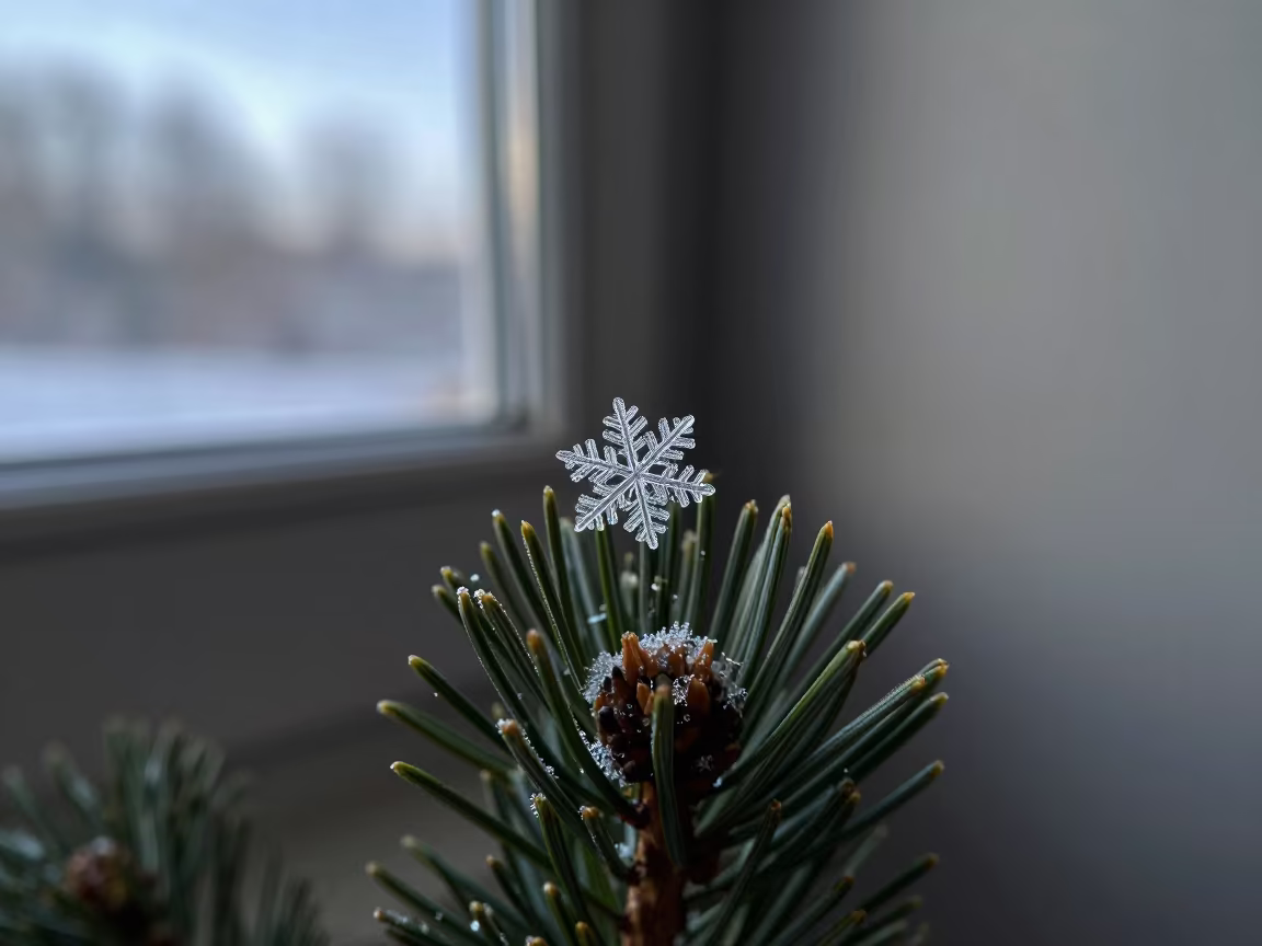 Snowflake Crystal on Pine Needle Tip in along a frost-edged windowpane in Napa