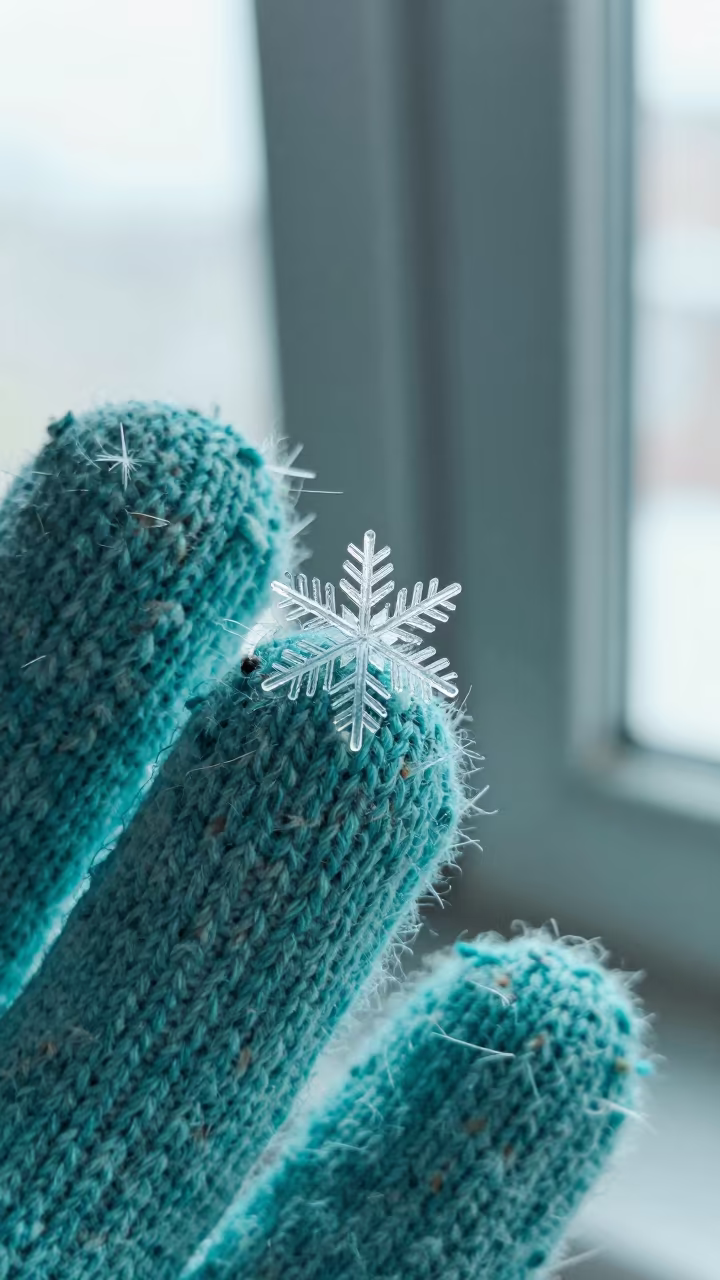 Snowflake Crystal on Turquoise Mitten Fiber in against weathered turquoise paint in Jongno, Seoul