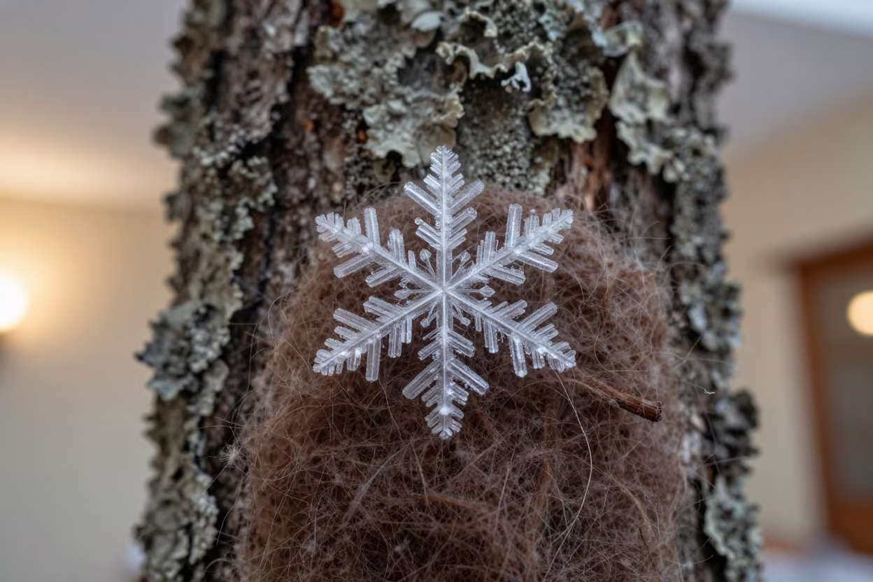 Snowflake Crystal on Wool Fiber Near Mixco in on lichen-covered bark near Mixco