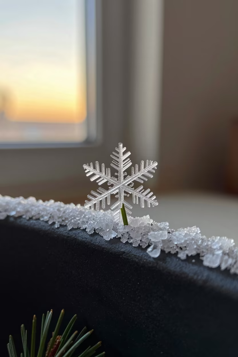Snowflake on Pine Needle Tip in Bucharest in on salt crystals along a pan rim in Bucharest