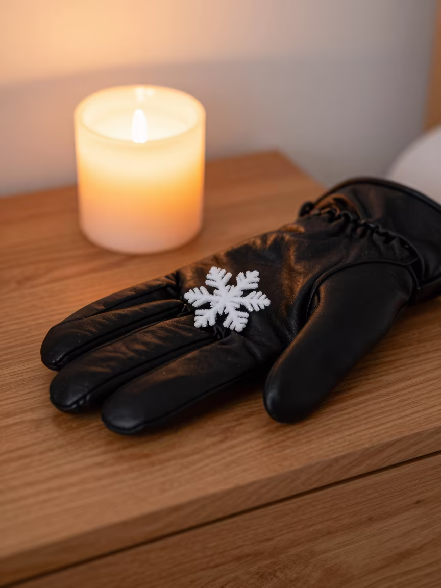 Snowflake Resting on Dark Glove in Cologne in on a bedside table in Cologne