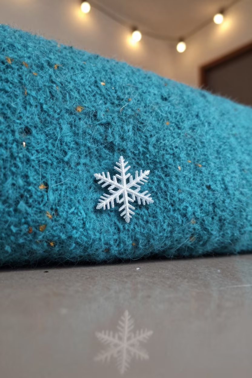 Snowflake on Turquoise Wool Under String Lights in against weathered turquoise paint near Khulna