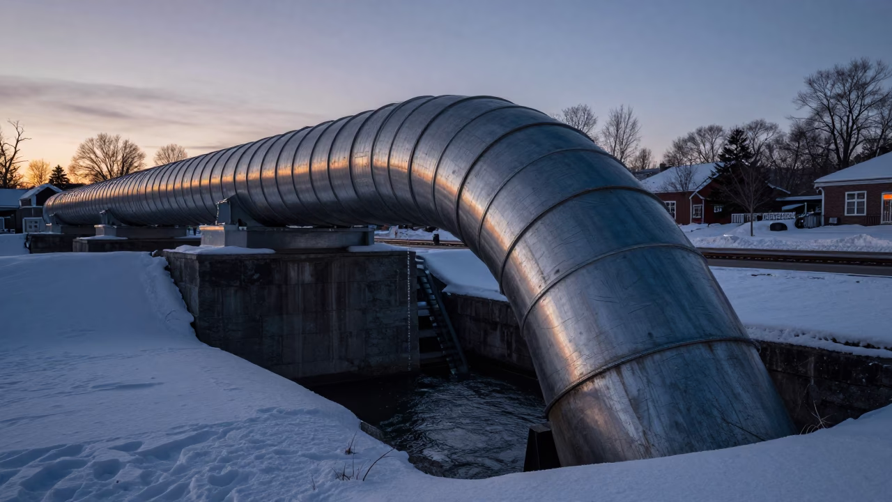 Snowmelt and Steel Bands on Historic Quebec City Penstock in Predawn Darkness in in Quebec City, Quebec, Canada