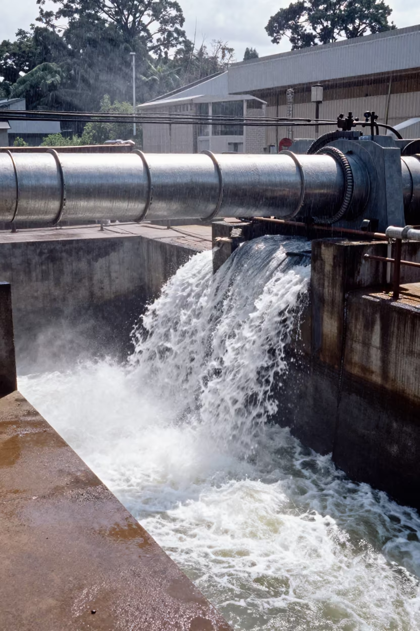 Snowmelt Steel Bands on Penstock Bend Above Harare Spillway in above a spillway chute with spray rising near Harare