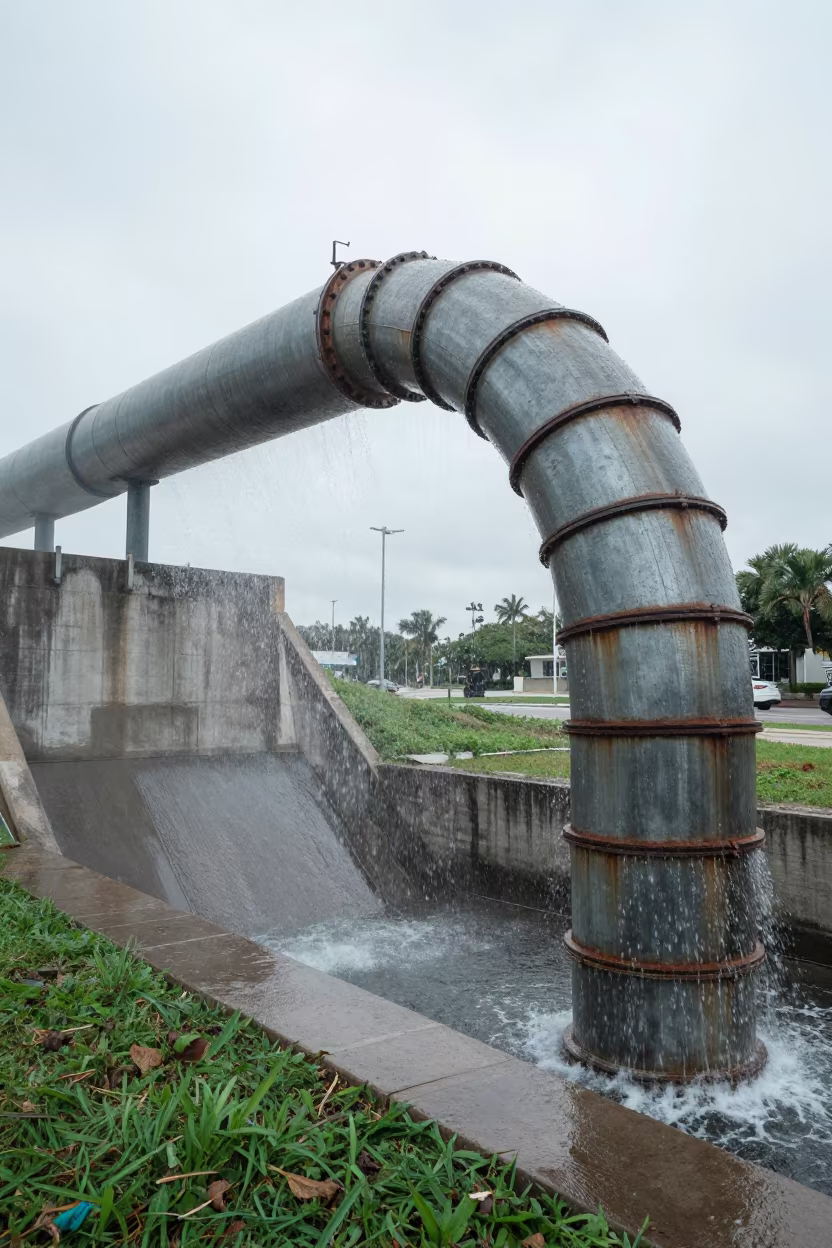 Snowmelt Steel Bands on Penstock Bend Over Miami Spillway in above a spillway chute with spray rising in Little Haiti, Miami