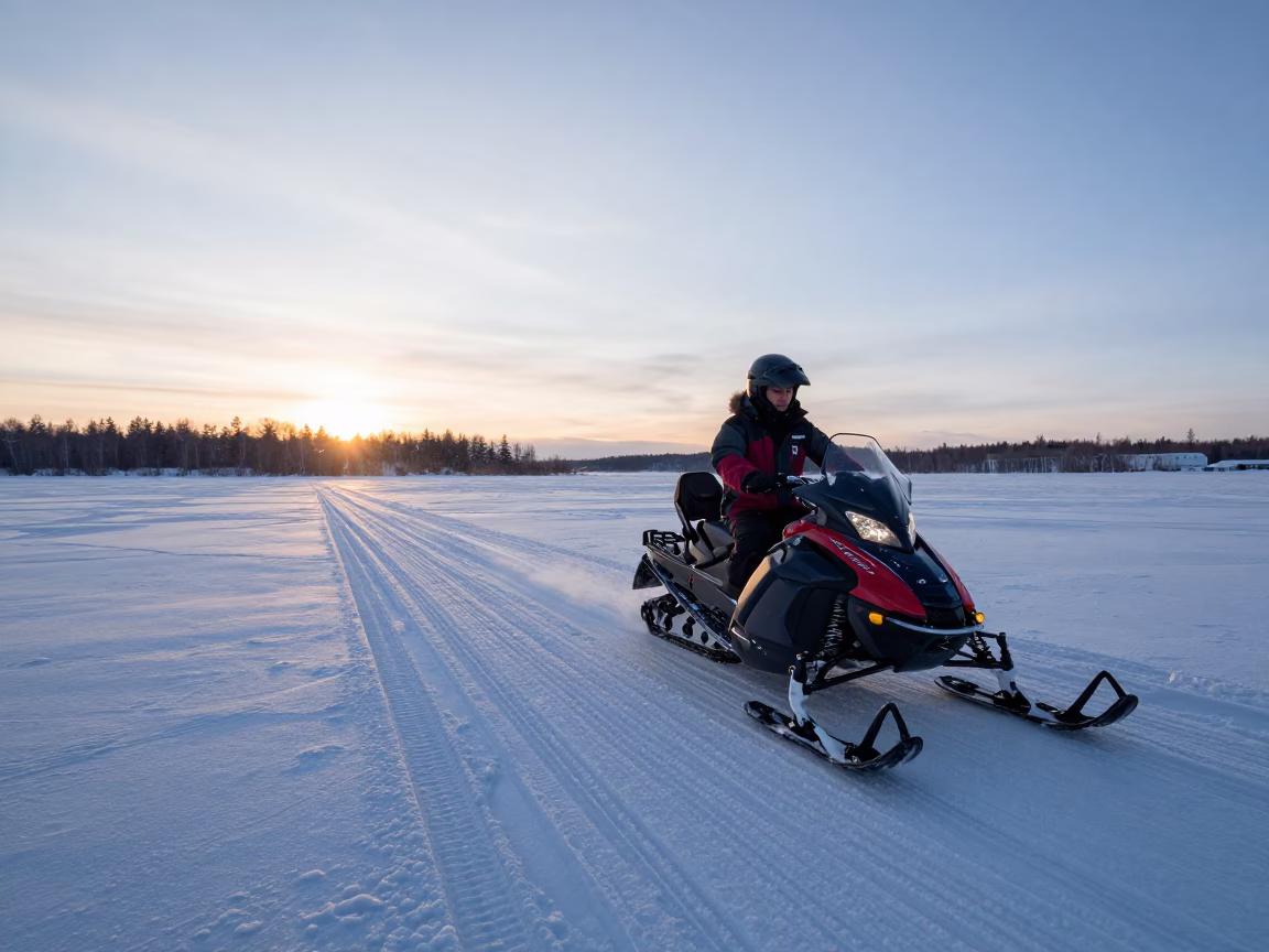 Snowmobile Crossing Frozen Lake at Alaskan Dawn in in Alaska