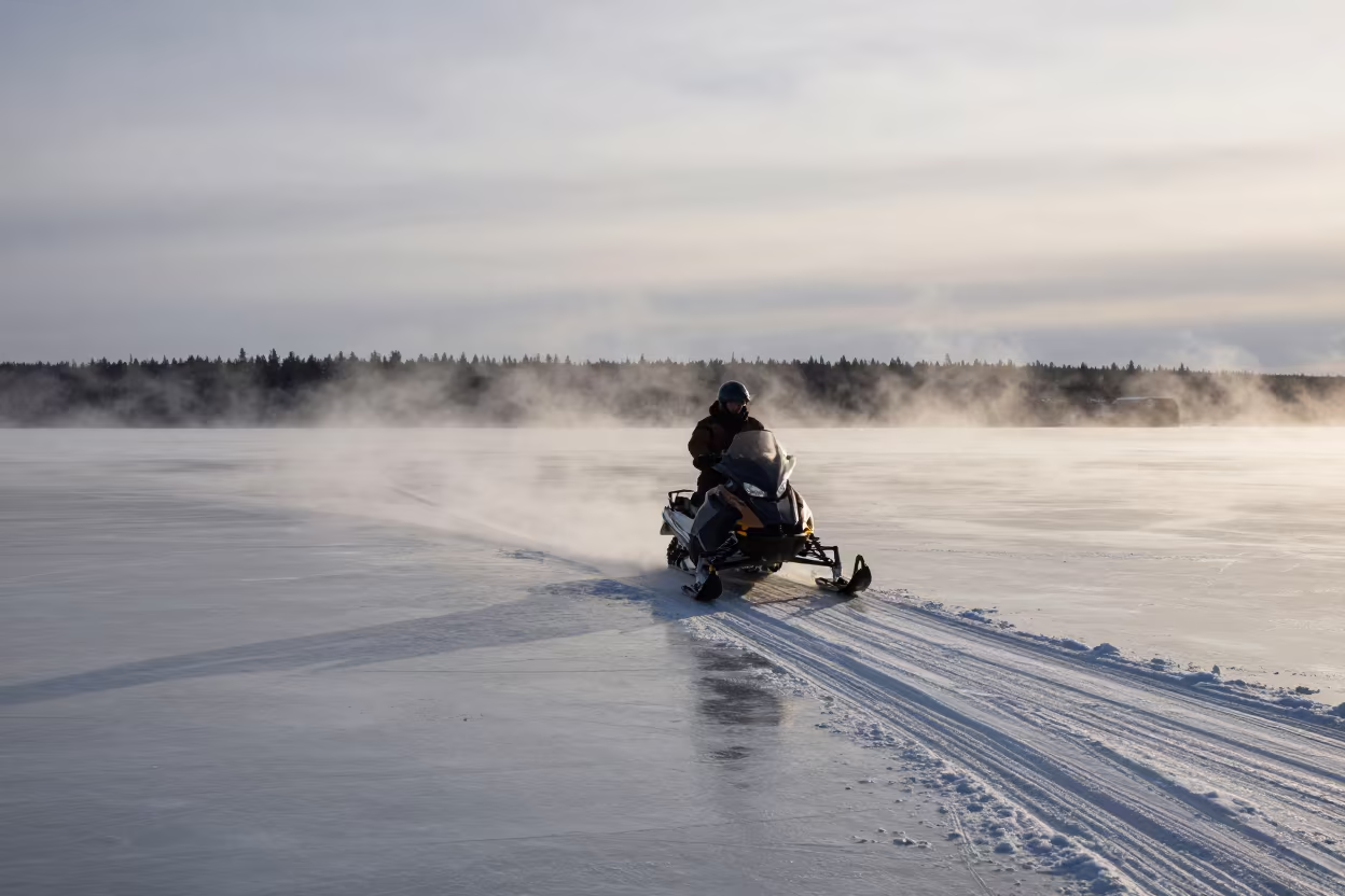 Snowmobile Crossing Frozen Lake at Dawn in on a wind-open causeway in Northwest Territories