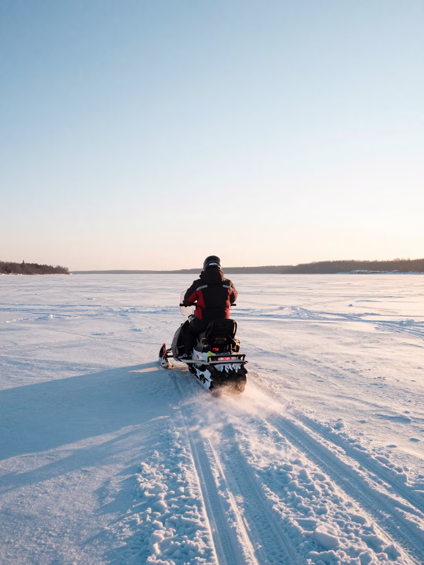 Snowmobile Crossing Frozen St Lawrence River Near Quebec City Just After Sunrise in in Quebec City, Quebec, Canada