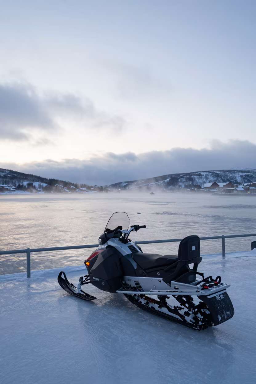 Snowmobile at Frozen River Dawn Oslo in beside a fogbound harbor mouth near Oslo