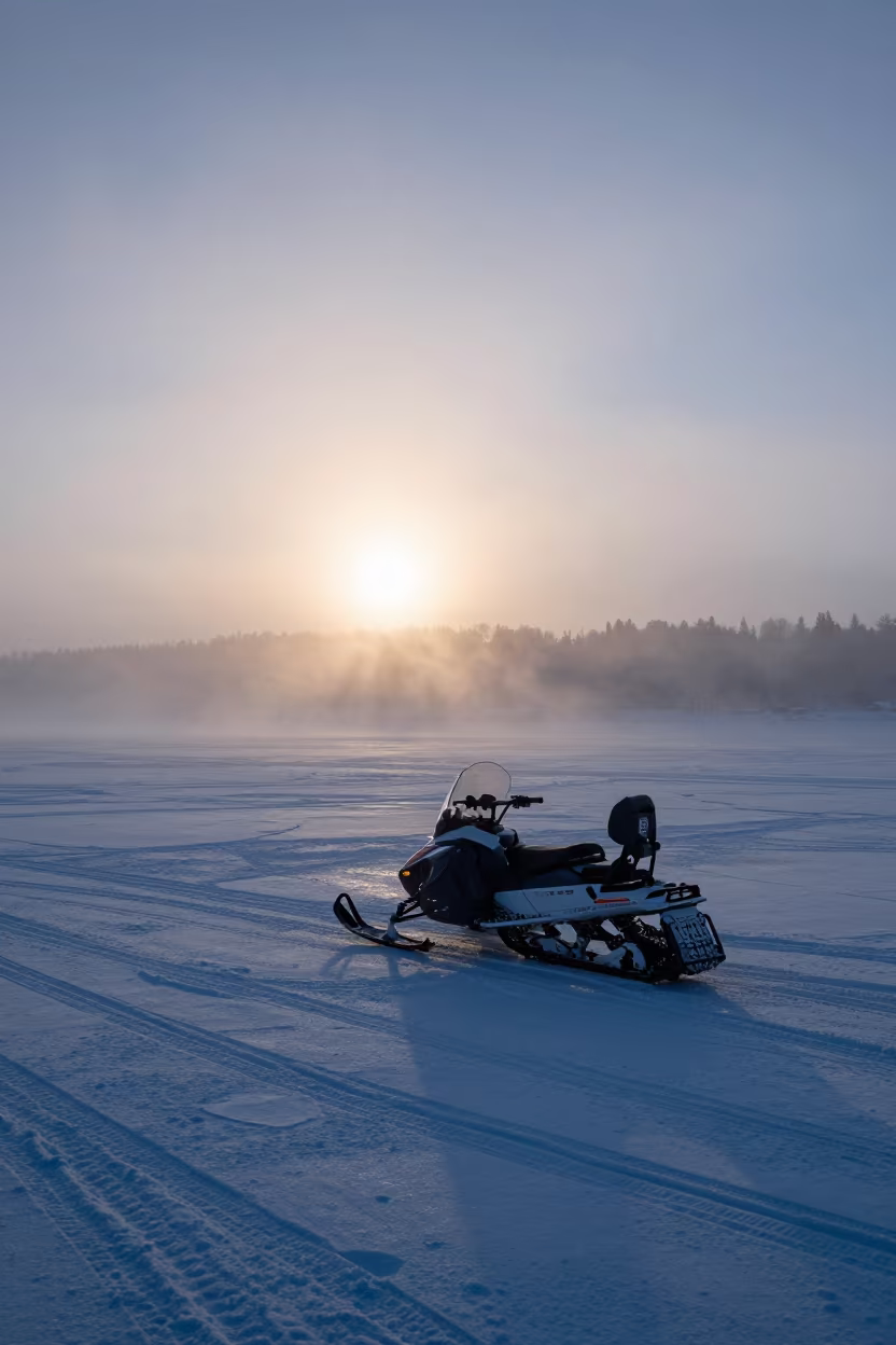 Snowmobile on Frozen River Under Ringed Planet in on a wind-open causeway near Helsinki