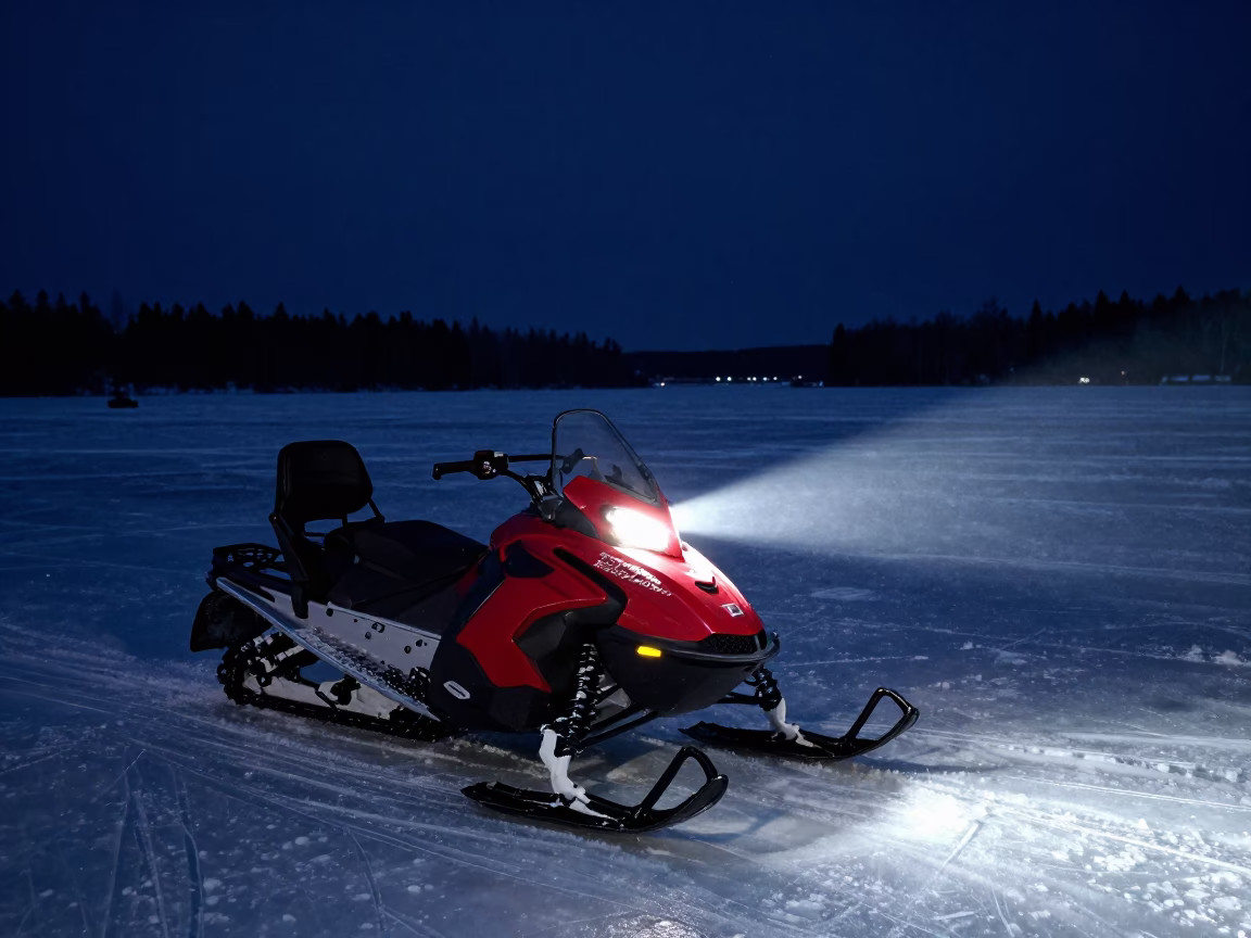 Snowmobile Stopped at Frozen River Overlook Under Deep Night Sky in Quebec City in in Quebec City, Quebec, Canada