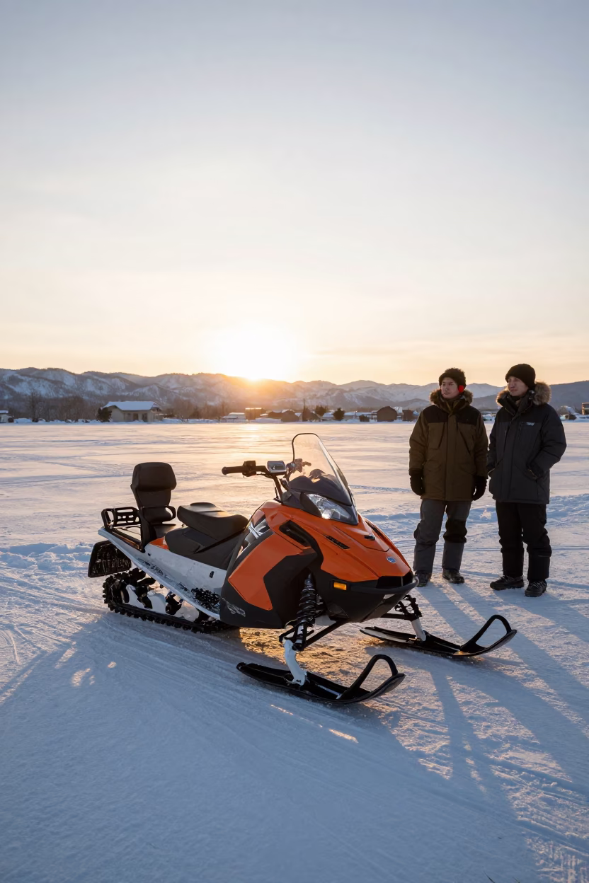 Snowmobile Stopped in Sapporo at Honeyed Evening Light in in Sapporo, Japan
