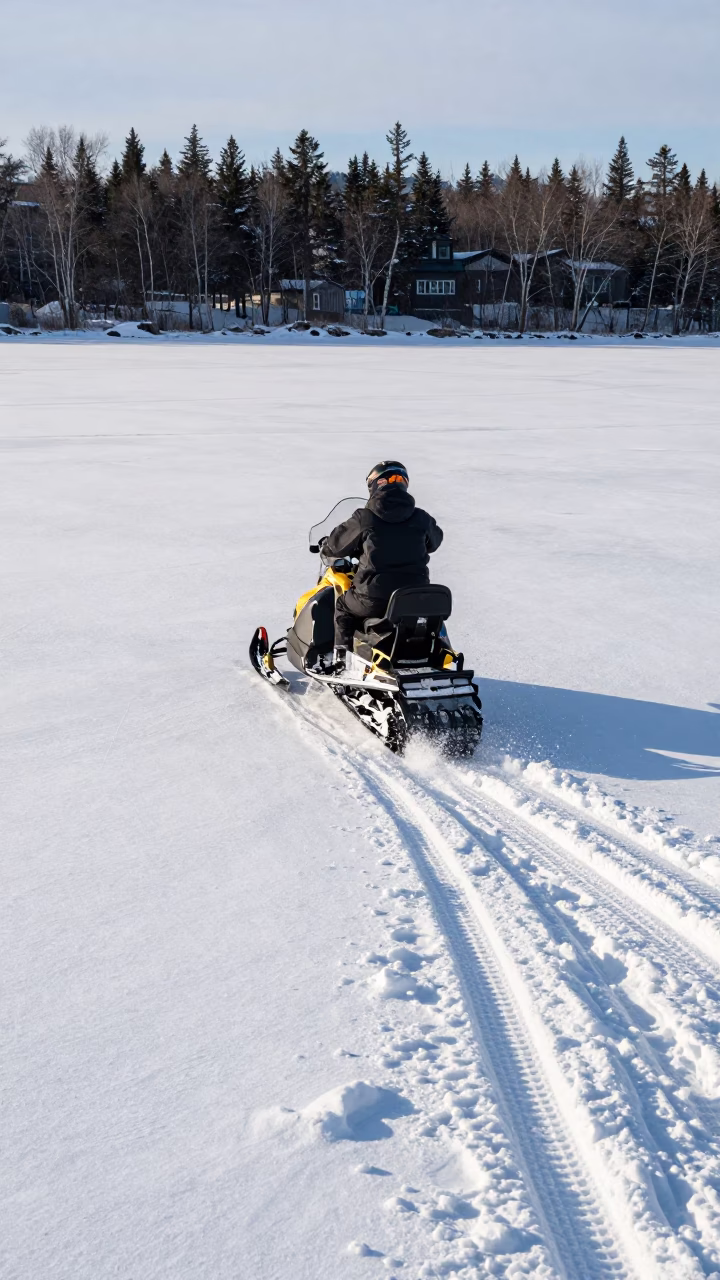 Snowmobile Traversing Frozen Lake in Early Afternoon Quebec City Quebec Canada in in Quebec City, Quebec, Canada