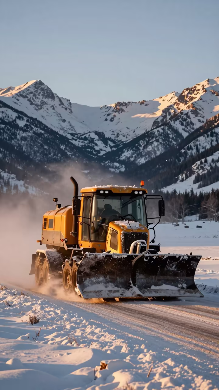 Snowplow Crossing Alpine Saddle Winter Sun in in Alberta