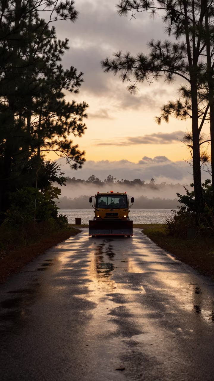 Snowplow in Belize Harbor at Golden Hour in beside a fogbound harbor mouth in Belize