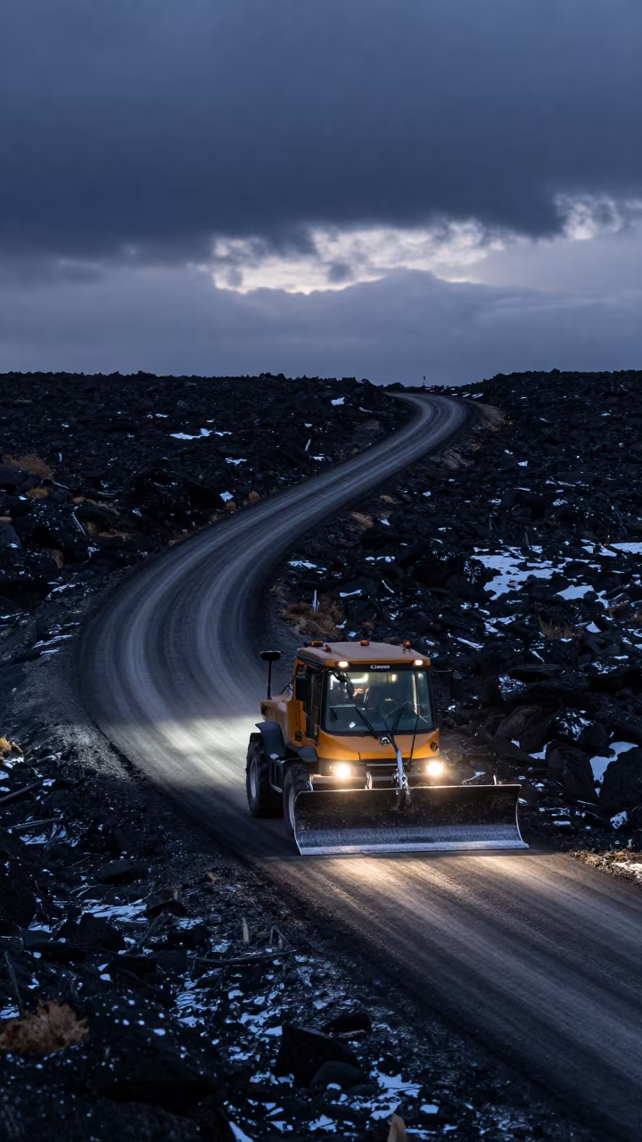 Snowplow on Black Lava Field Bolivia Night in along a switchback approach in Bolivia