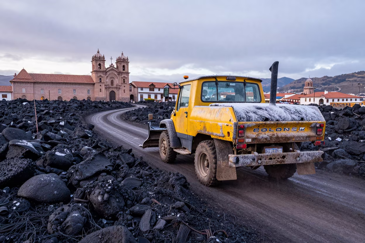 Snowplow on Black Lava Field at Dawn in along a switchback approach near Plaza de Armas, Cusco