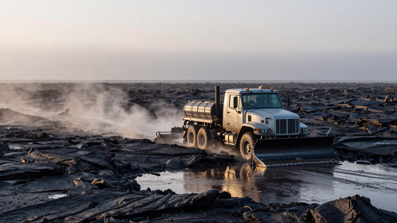 Snowplow on Black Lava Field in Evening Mist in across a remote ferry crossing in Alberta