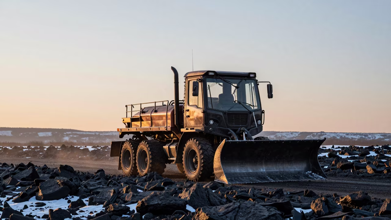 Snowplow on Black Lava Field Near Tbilisi in near Tbilisi