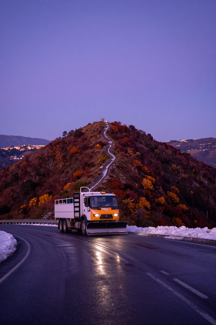 Snowplow crossing alpine saddle at blue hour in in Colombia