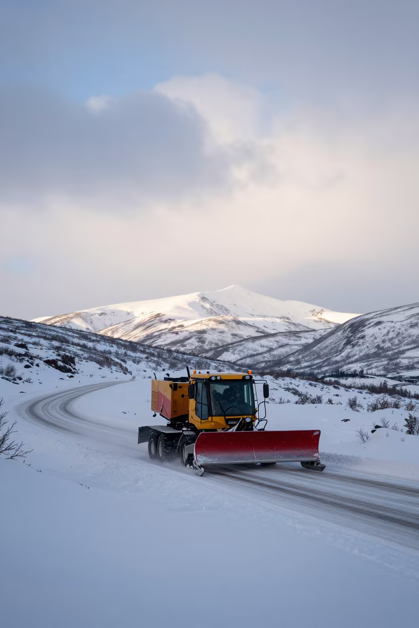 Snowplow Crossing Alpine Saddle Under Stacked Clouds in along a switchback approach in Lapland