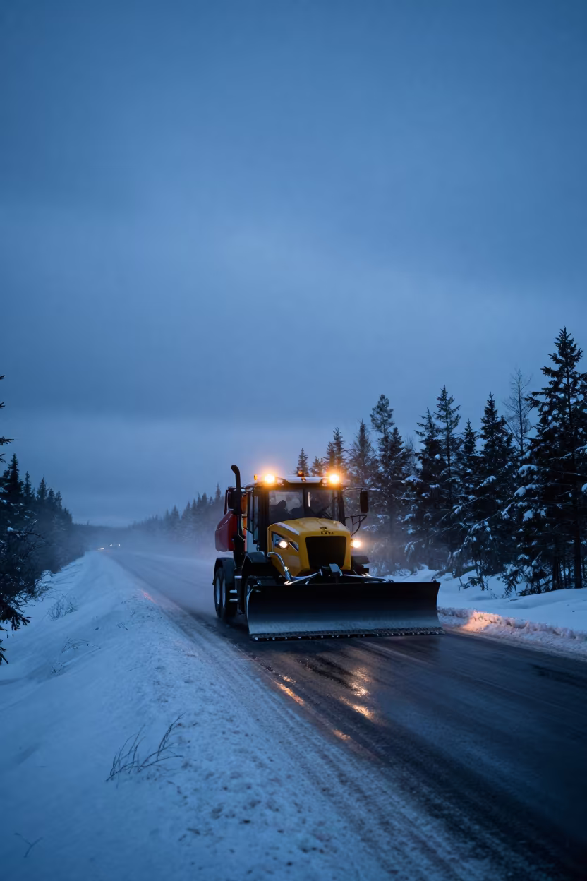 Snowplow Crossing Finnish Alpine Causeway at Twilight in on a wind-open causeway in Finland