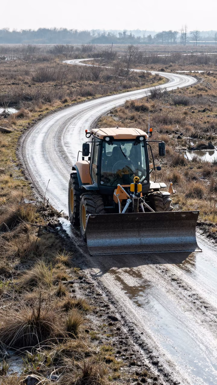 Snowplow on Dalmatian Marsh Causeway in along a switchback approach in the Dalmatian Coast