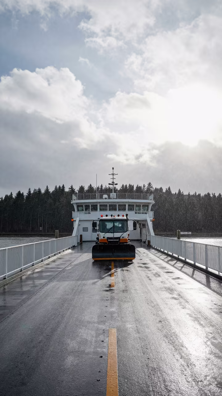 Snowplow Ferry Crossing Pine Forest Midmorning in across a remote ferry crossing near Cologne