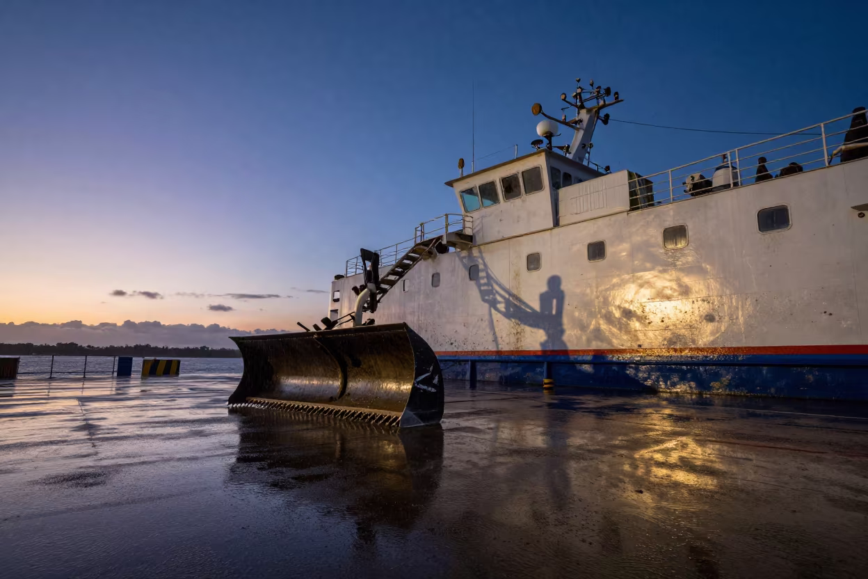Snowplow Ferry Crossing Rainy Dawn Sky in across a remote ferry crossing near Conakry