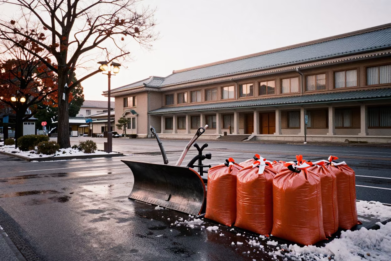 Snowplow and Grit Bags Kyoto Late Autumn in beneath government building floodlights in Higashiyama, Kyoto