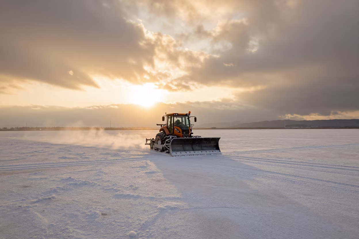 Snowplow on Hokkaido Salt Flats at Amber Sunset in in Hokkaido