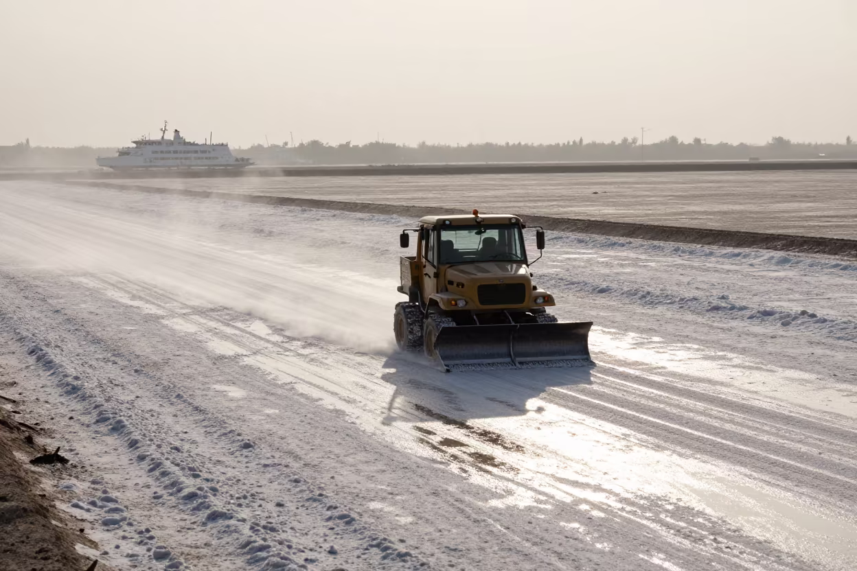 Snowplow on Iraq Salt Flats Late Afternoon in across a remote ferry crossing in Iraq