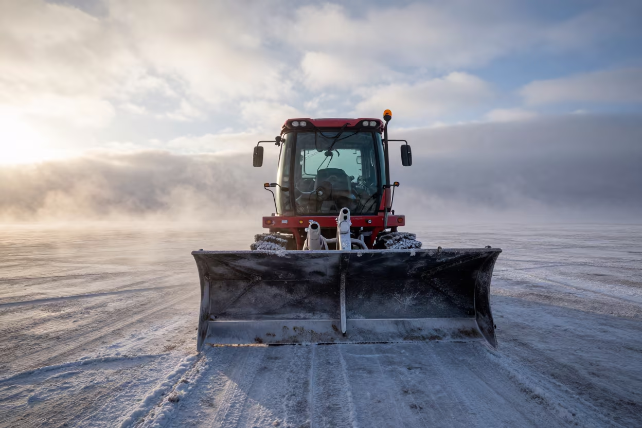 Snowplow on Kamchatka Salt Flats at Sunrise in on a wind-open causeway in Kamchatka