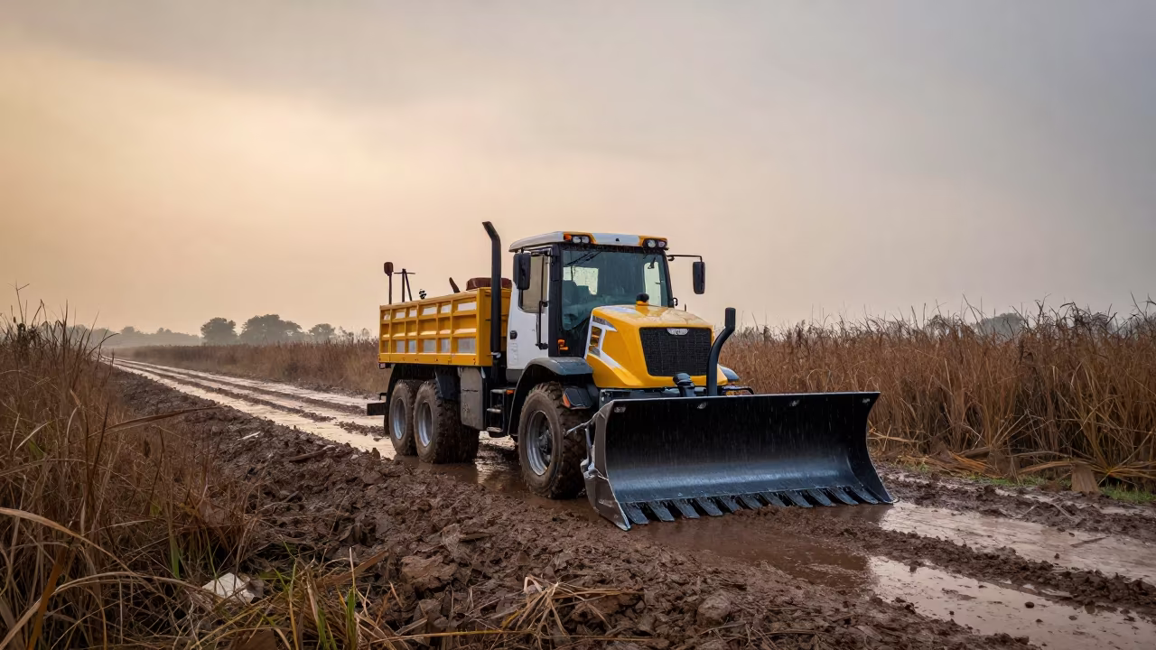 Snowplow on Marsh Causeway at Dusk in on a wind-open causeway near Naypyidaw