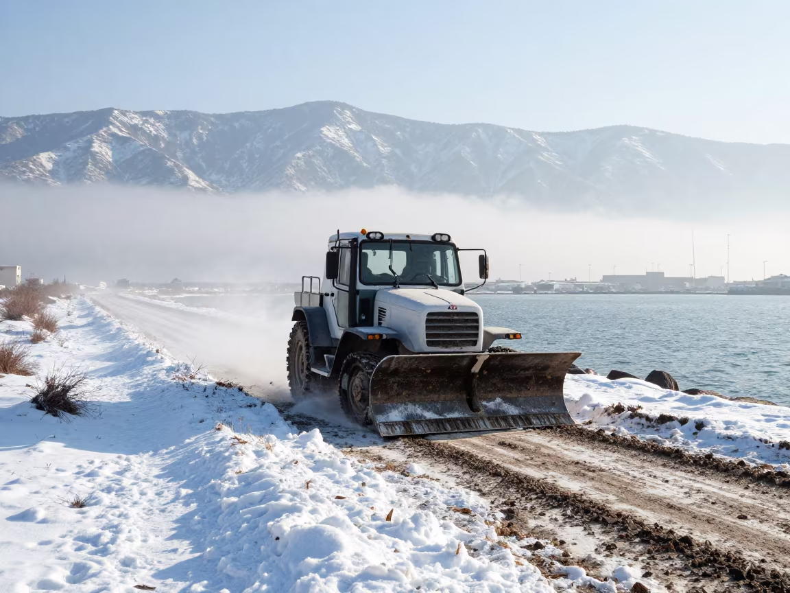 Snowplow on Marsh Causeway Near Latakia Harbor in beside a fogbound harbor mouth near Latakia