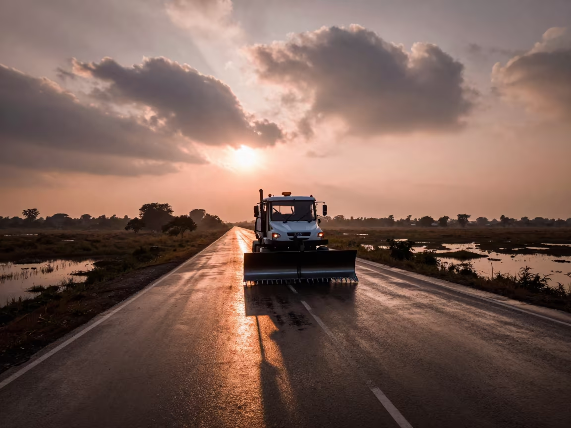 Snowplow on Marsh Causeway Monsoon Dusk in near Bhopal