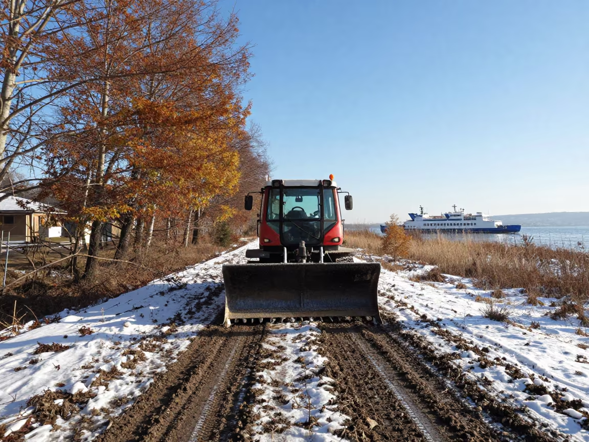 Snowplow on Marsh Causeway North Macedonia in across a remote ferry crossing in North Macedonia