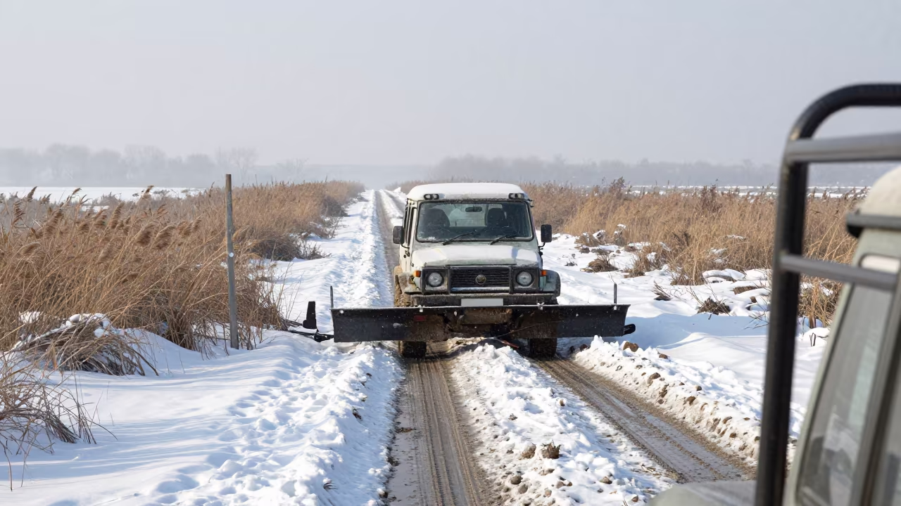 Snowplow on Marsh Causeway Amidst Snowfall in beside a fogbound harbor mouth near Saharanpur