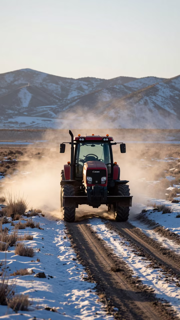 Snowplow on Nevada Causeway Before Dawn in along a switchback approach in Nevada