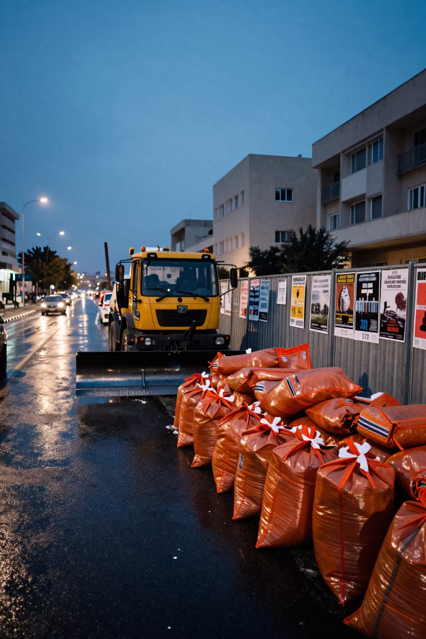 Snowplow Parked Near Orange Grit Bags in along barricaded protest routes near Skhirat