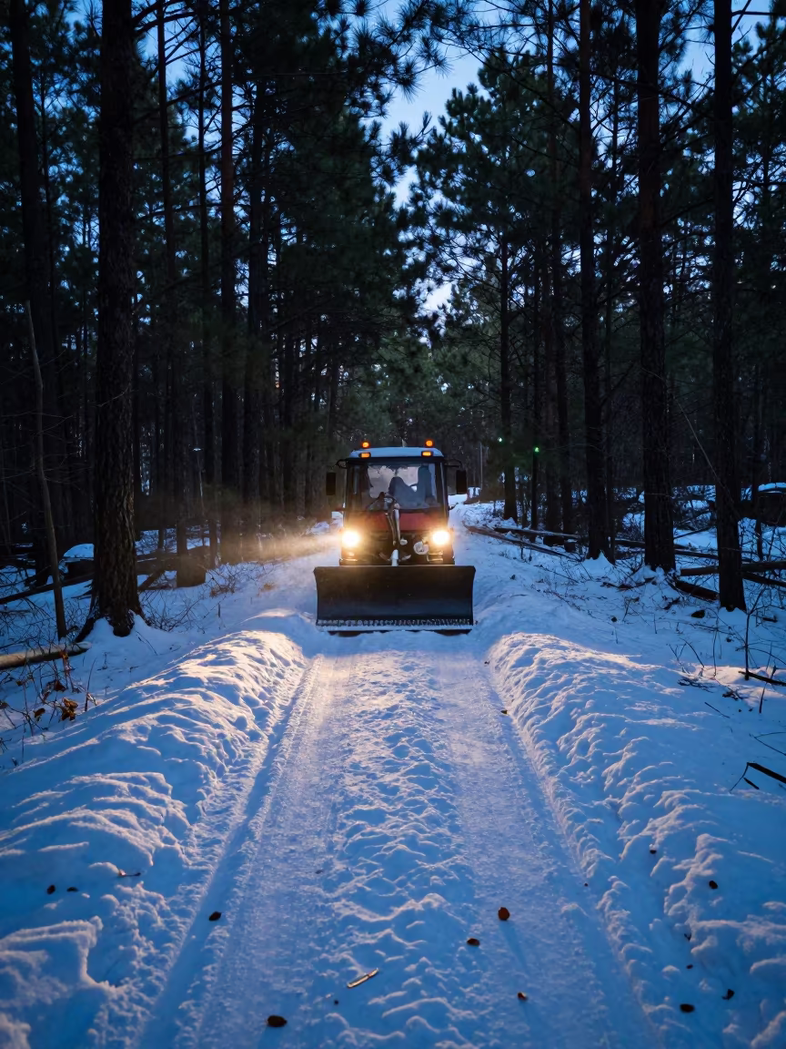 Snowplow in Pine Forest at Twilight in near Davao