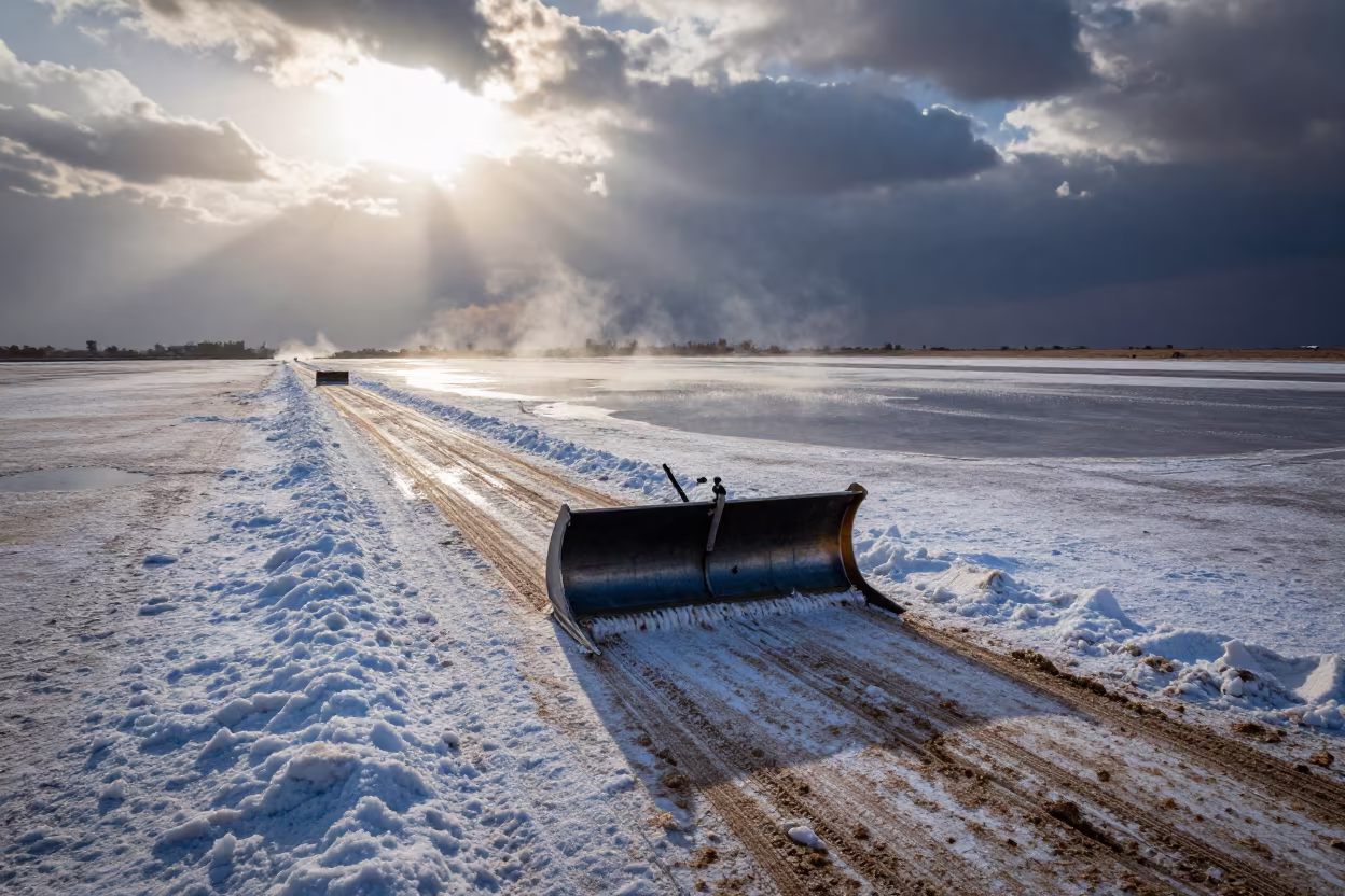 Snowplow on Salt Flats Winter Cairo in near Maadi, Cairo