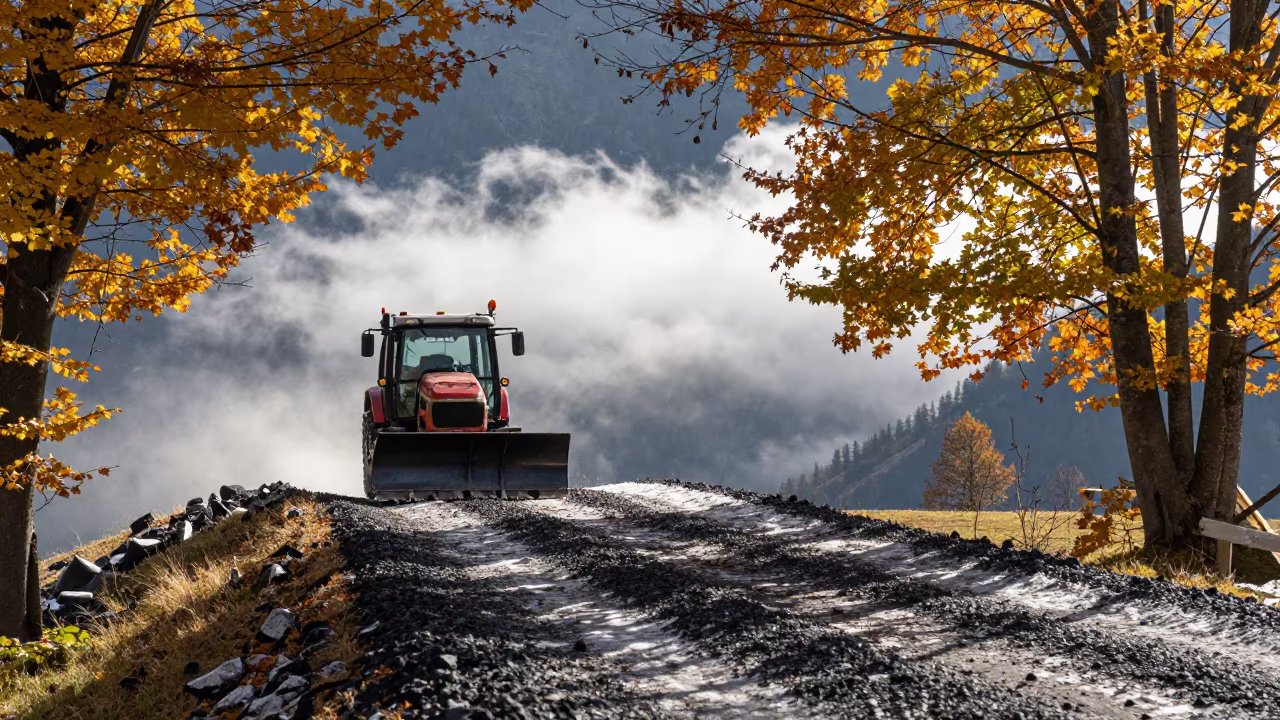 Snowplow on Tyrolean Causeway Autumn Shadows in on a wind-open causeway in Tyrol