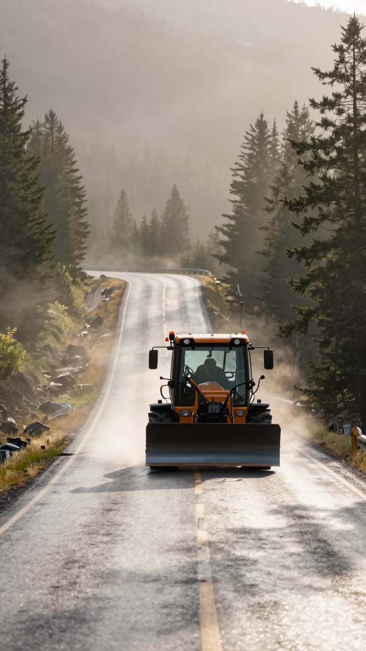Snowplow on Wet Colorado Switchback Morning Light in along a switchback approach in Colorado