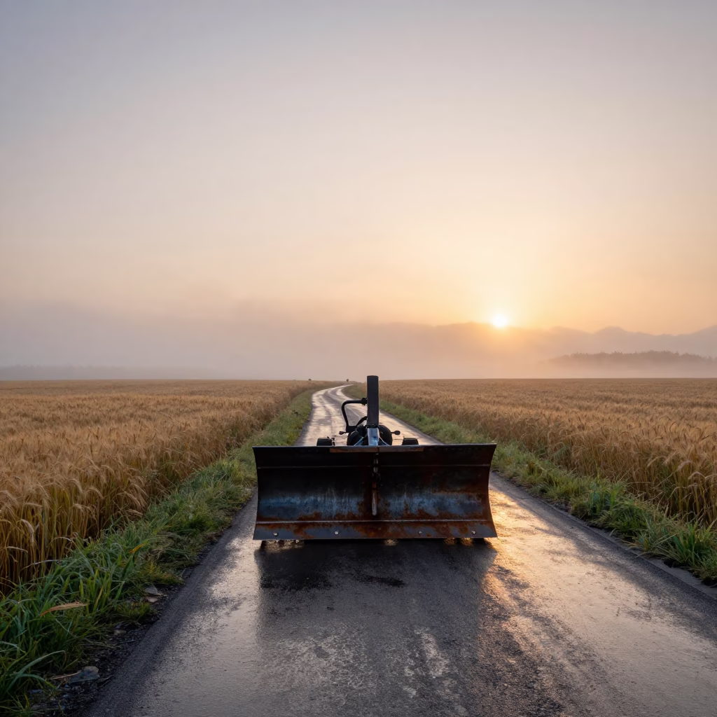 Snowplow Crossing Wheat Fields at Sapporo Sunset in along a switchback approach near Sapporo