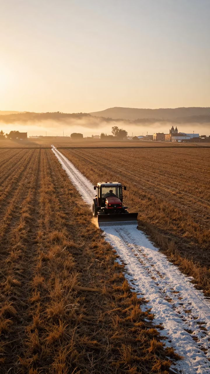 Snowplow in Wheat Fields at Sunset with Fog in beside a fogbound harbor mouth near San Miguel de Allende