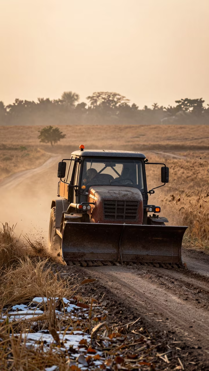 Snowplow on Wheat Road at Golden Hour in along a switchback approach near Korhogo