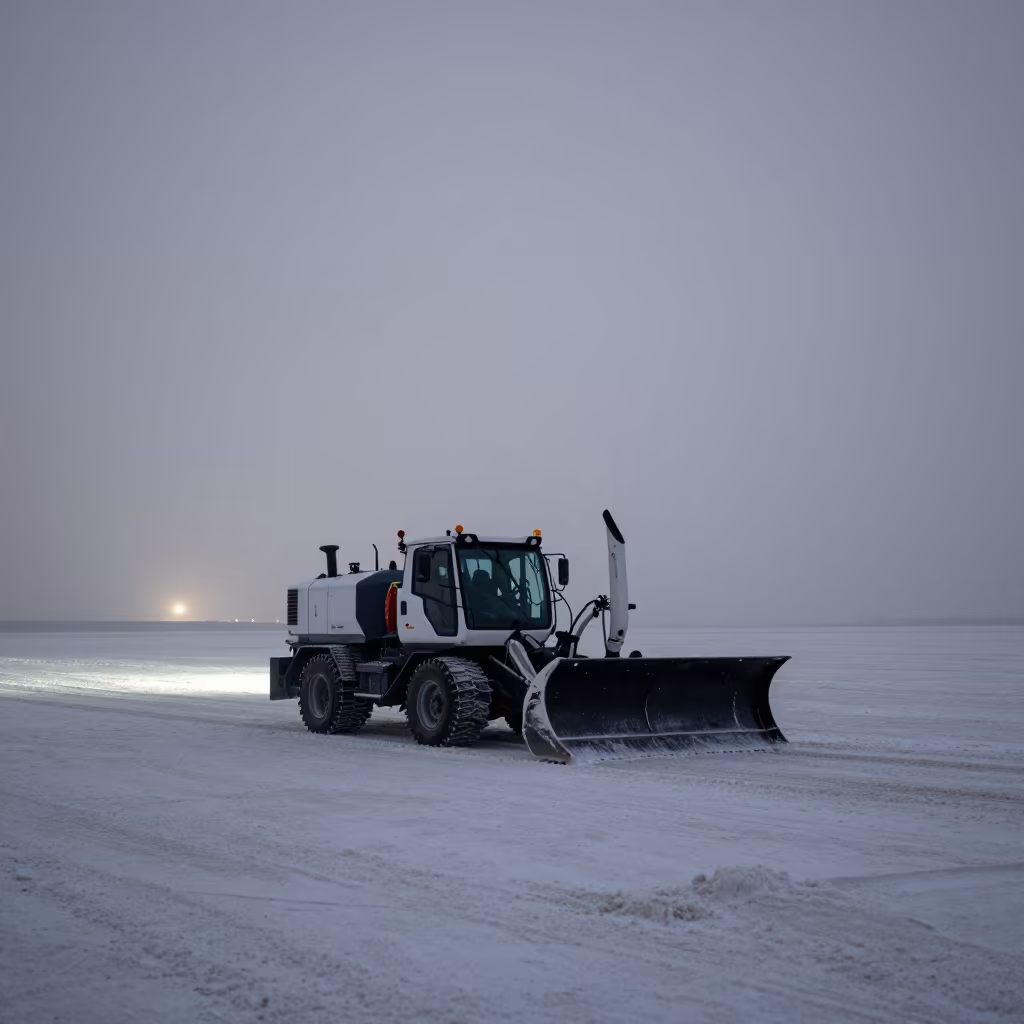Snowplow on Winter Salt Flats Near Harbor in beside a fogbound harbor mouth near Kohat