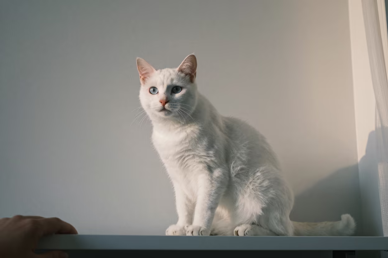 Snowshoe Cat in Late Afternoon Changchun Room in beside a plain plaster wall in soft indoor light with the animal centered in frame in Changchun