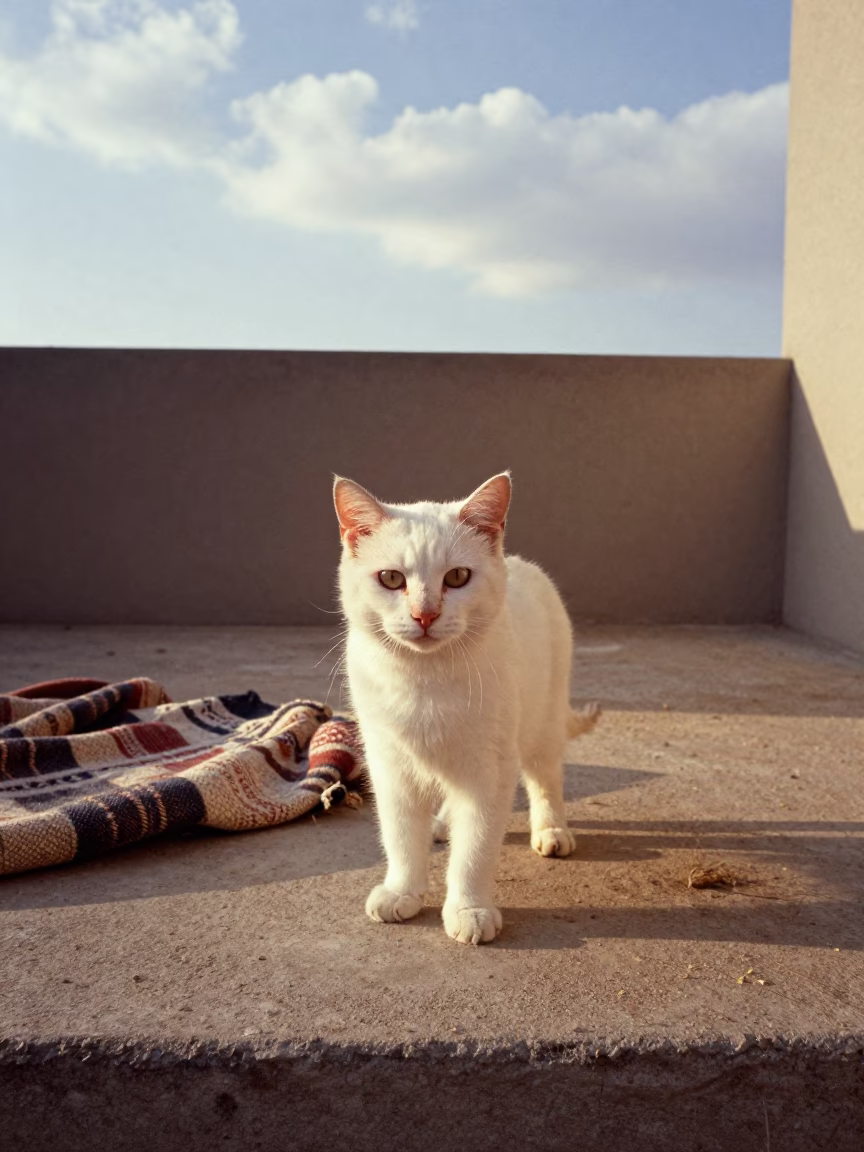 Snowshoe Cat on Lagos Porch in Late 90s Light in beside a plain courtyard wall in clear daylight with the animal at eye level near Lagos